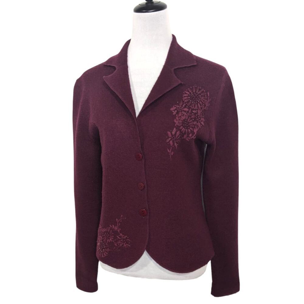 Christopher & Banks Y2K 100% Wool Embroidered Blazer Cardigan Burgundy Small